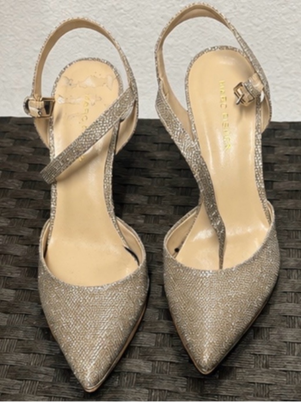 Marc Fisher Glitter Pointed Toe Ankle Strap Stiletto Heels Champagne Gold